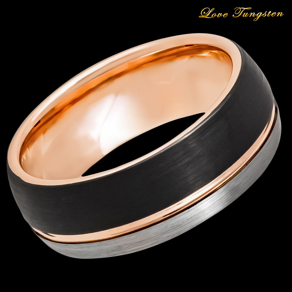 Domed Three-tone Rose Gold, Silver & Black IP Tungsten Ring - 8mm