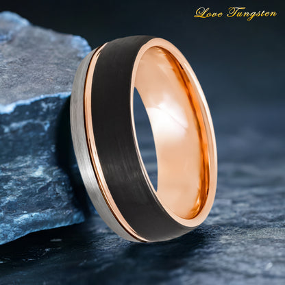 Domed Three-tone Rose Gold, Silver & Black IP Tungsten Ring - 8mm
