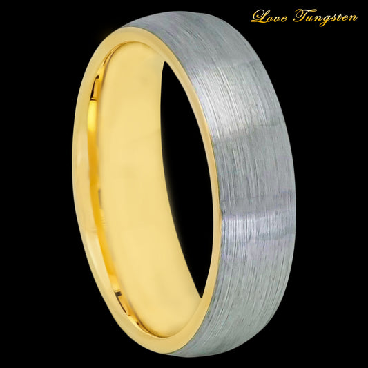 Domed Yellow Gold IP & Gun Metal Brushed Tungsten Ring - 6 mm