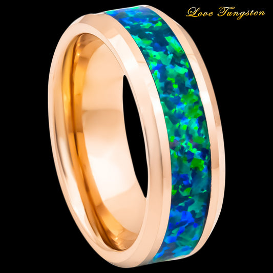 Emerald-Green Opal Inlay Rose Gold IP Plated Tungsten Ring - 8mm