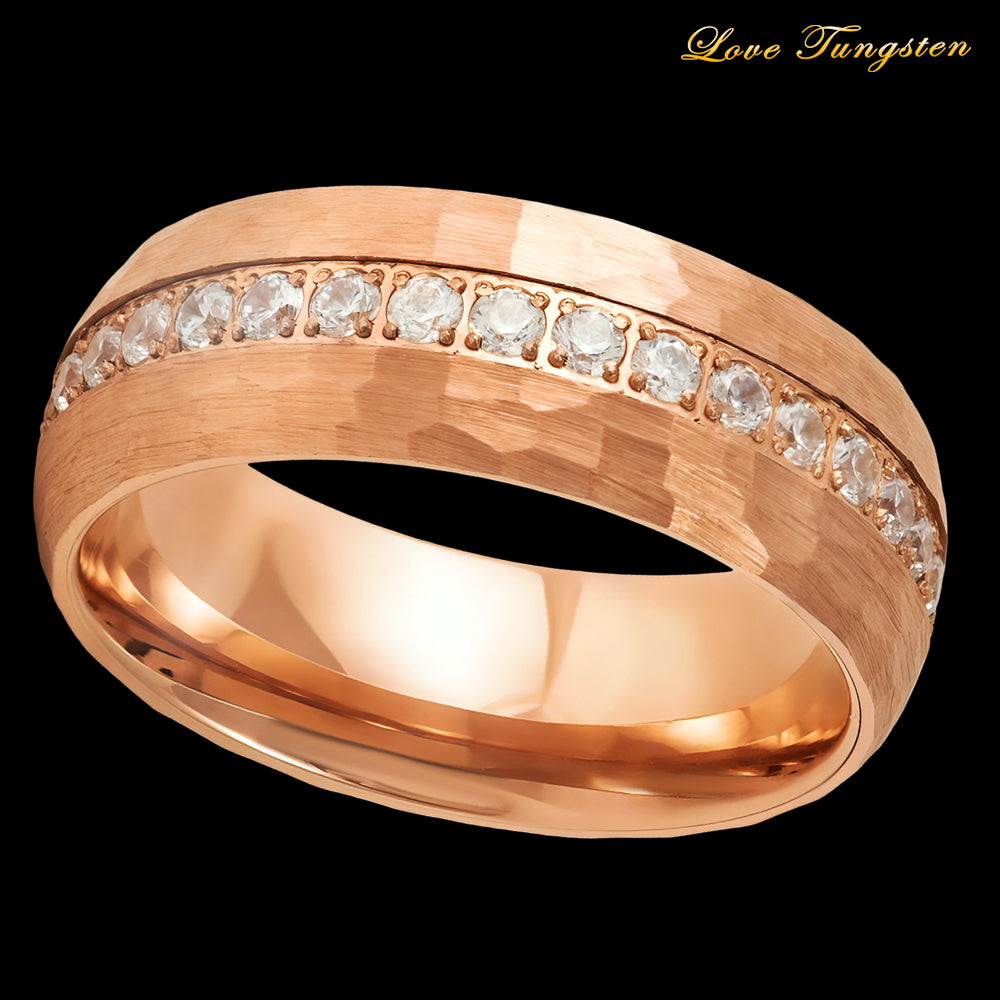 Eternity Prong-Set White CZ Stones 8mm Rose Gold IP Tungsten Ring | Enduring Beauty & Style