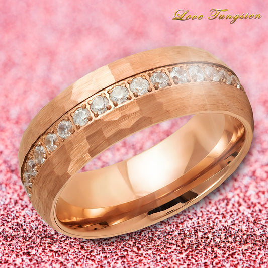 Eternity Prong-Set White CZ Stones 8mm Rose Gold IP Tungsten Ring | Enduring Beauty & Style