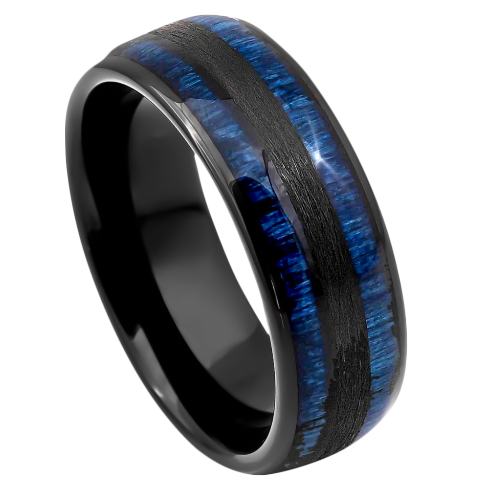 Exotic Blue Wood Inlay Black IP Tungsten Ring - 8mm