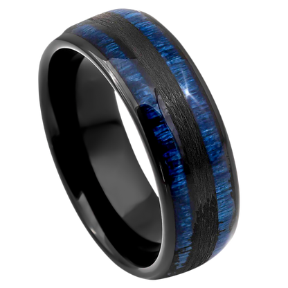 Exotic Blue Wood Inlay Black IP Tungsten Ring - 8mm