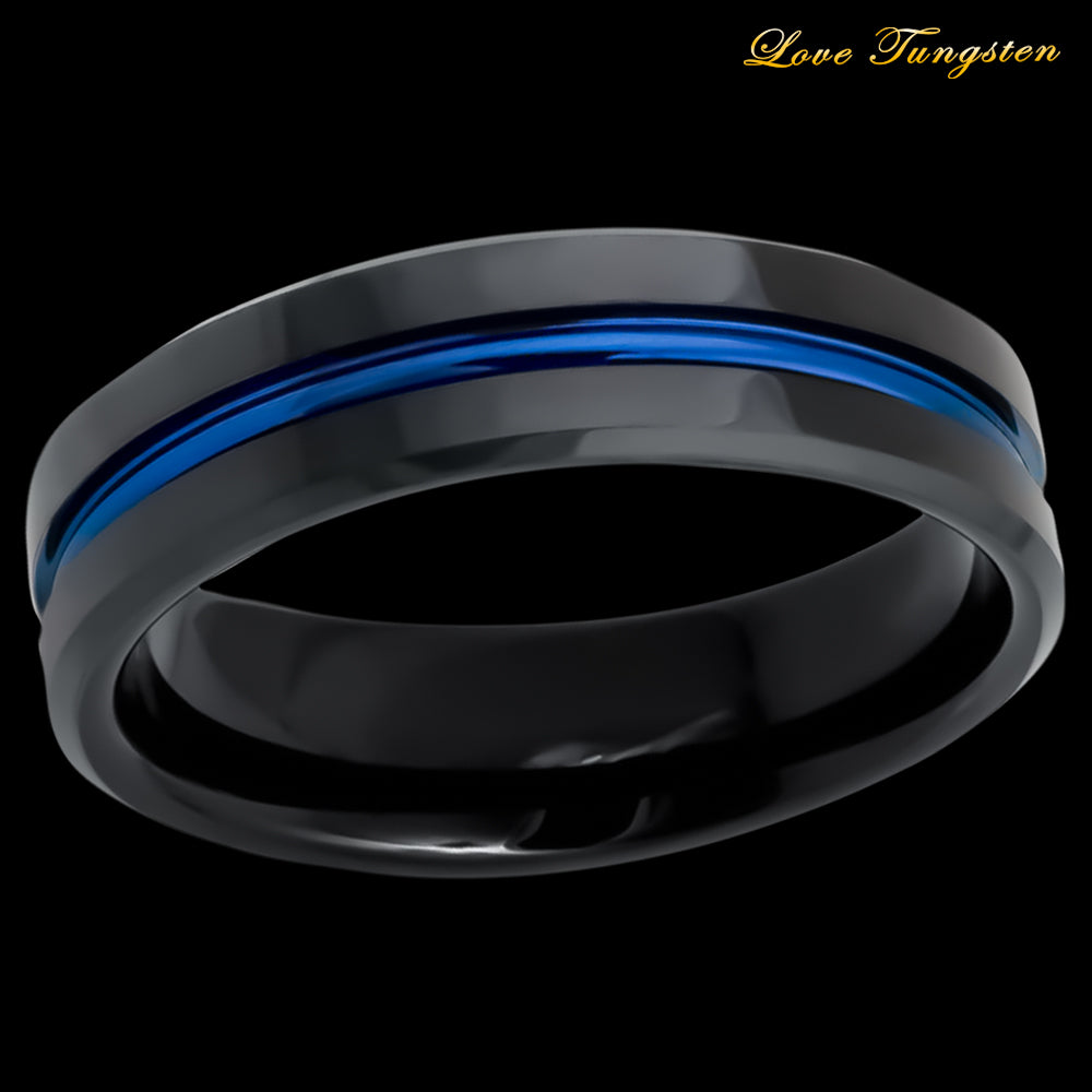 High Polished Beveled Edge Black IP Blue Tungsten Ring - 6mm