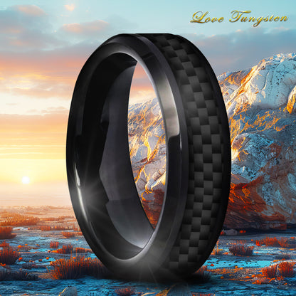 6mm Carbon Fiber Inlay Tungsten Ring | High Polished Black IP Finish | Love Tungsten