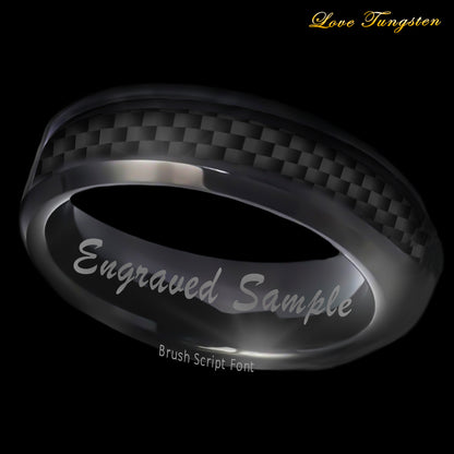 6mm Carbon Fiber Inlay Tungsten Ring | High Polished Black IP Finish | Love Tungsten