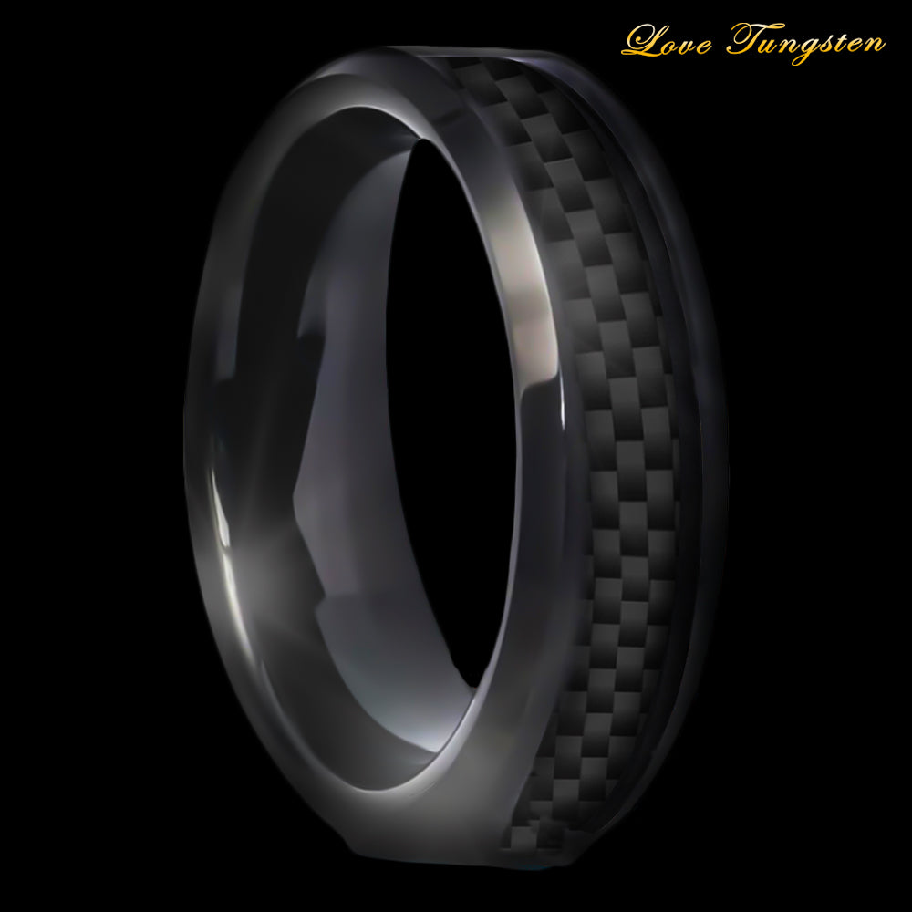 6mm Carbon Fiber Inlay Tungsten Ring | High Polished Black IP Finish | Love Tungsten