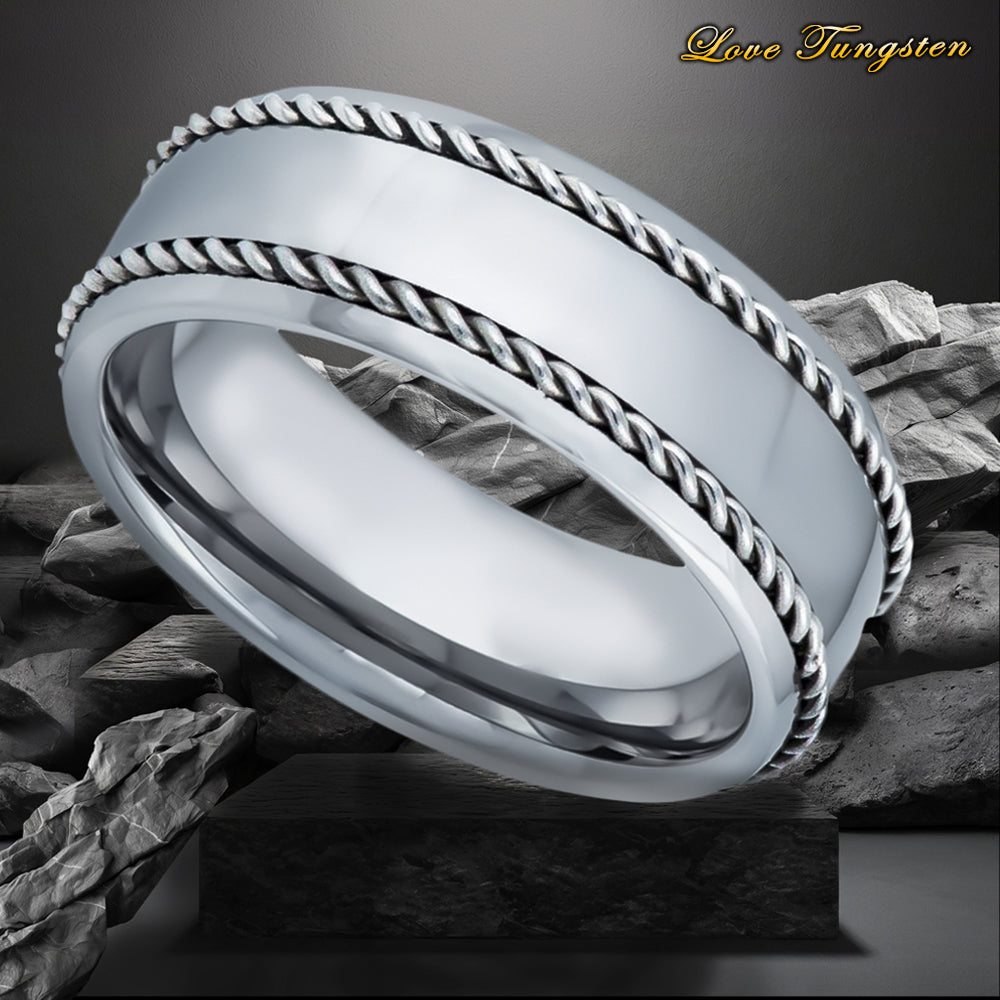 High Polished Domed Tungsten Ring with Rope Stainless Steel Inlay - 8mm | Love Tungsten