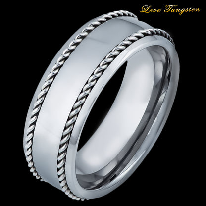 High Polished Domed Tungsten Ring with Rope Stainless Steel Inlay - 8mm | Love Tungsten