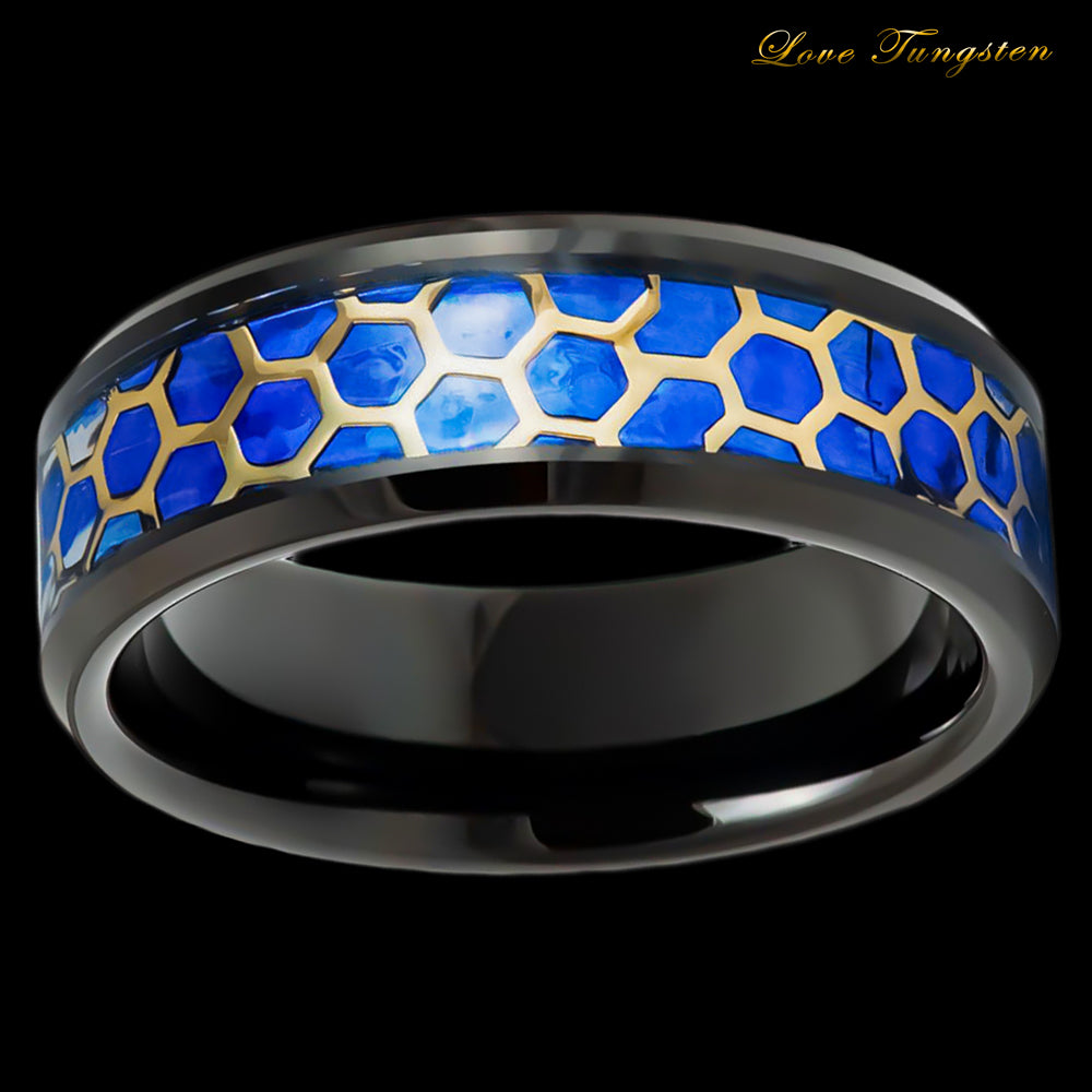 Honeycomb Cut-out Blue Opal Inlay Tungsten Ring - 8mm