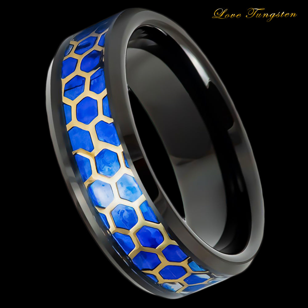 Honeycomb Cut-out Blue Opal Inlay Tungsten Ring - 8mm