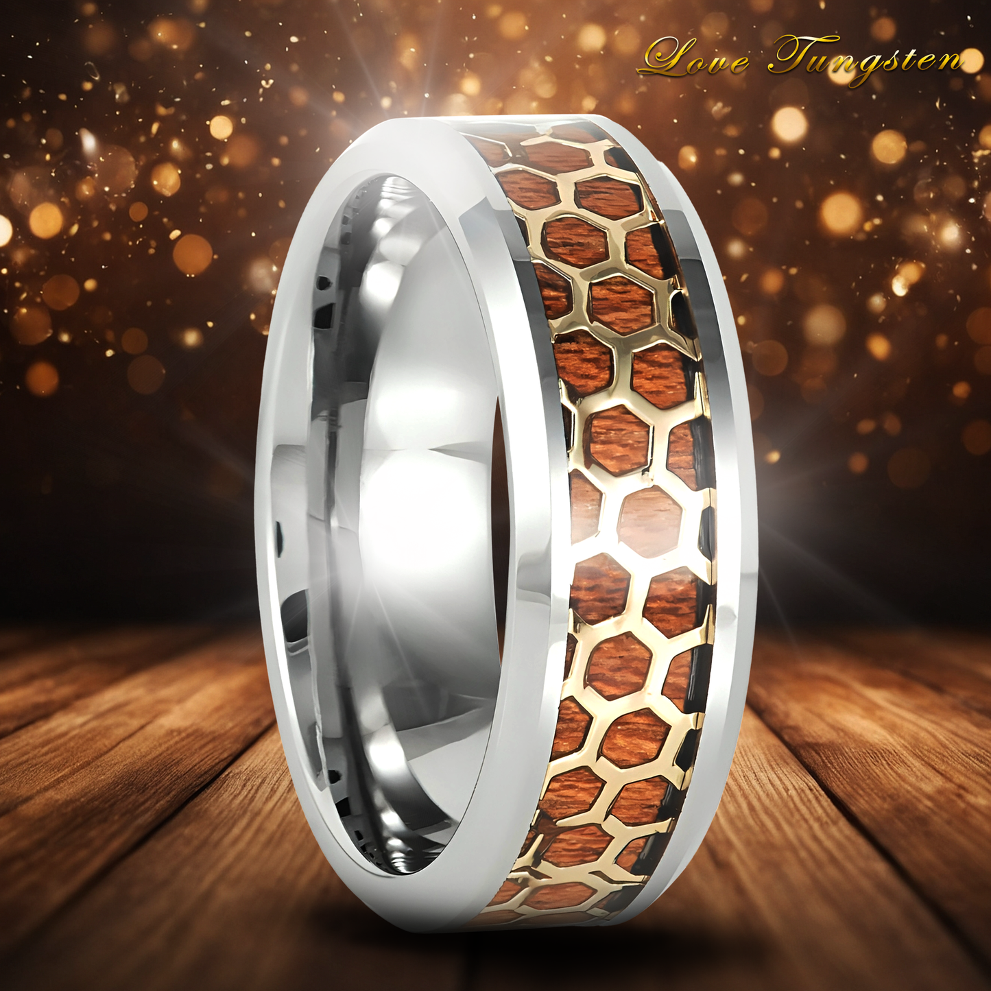 Honeycomb Cut-out Rosewood Inlay 8mm Tungsten Ring