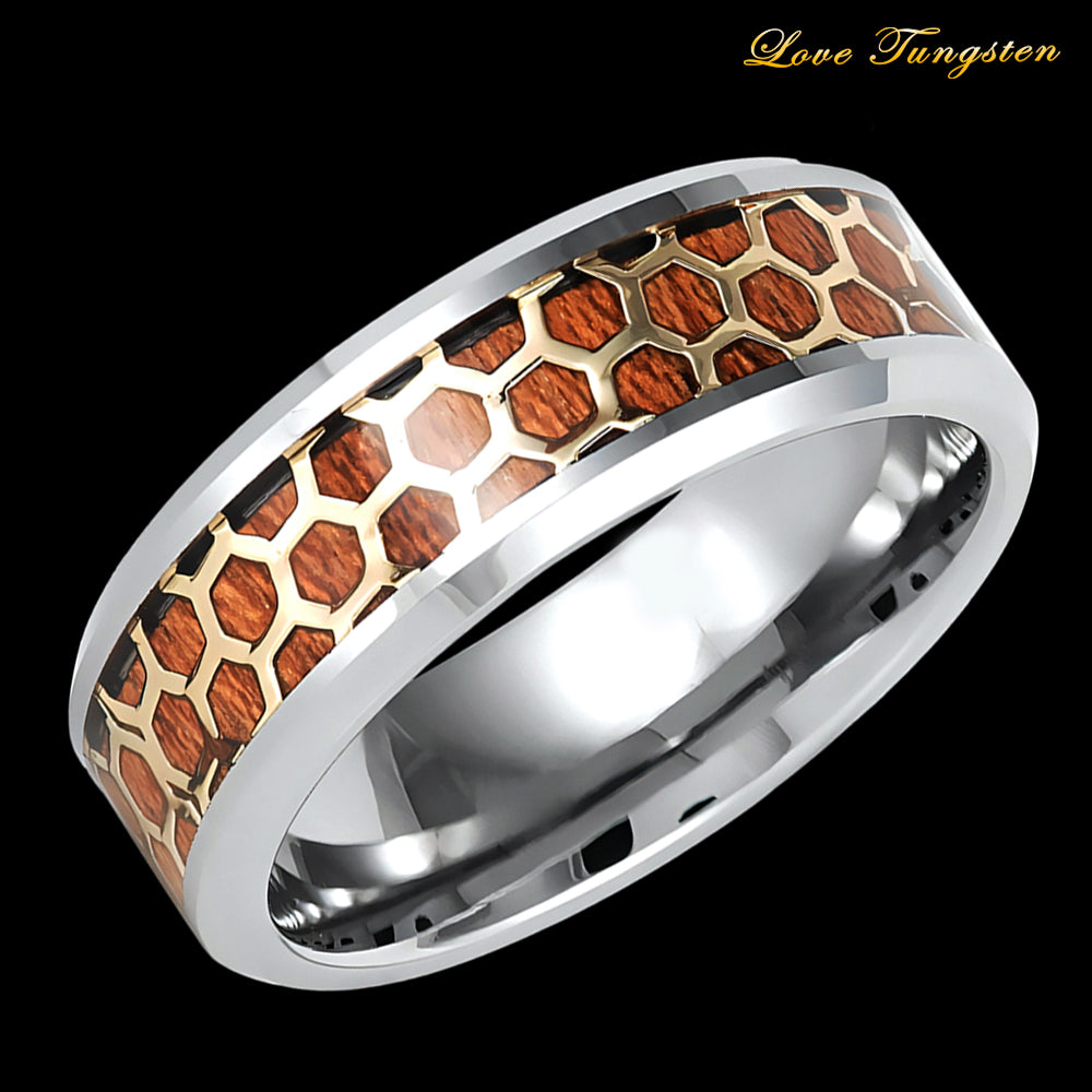 Honeycomb Cut-out Rosewood Inlay 8mm Tungsten Ring