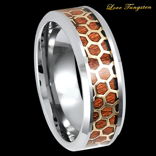 Honeycomb Cut-out Rosewood Inlay 8mm Tungsten Ring