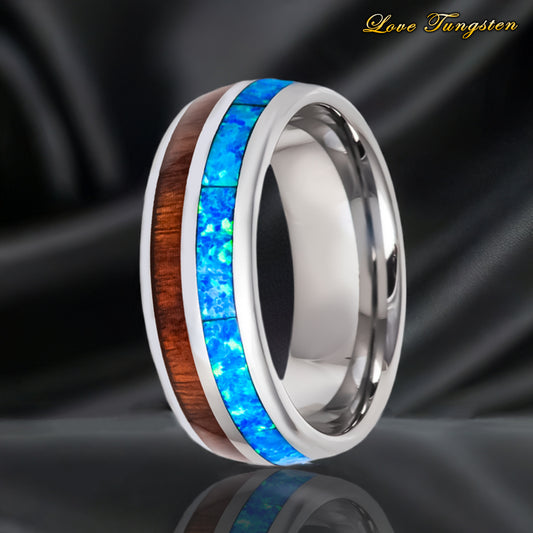 Koa Wood & Synthetic Blue Opal Inlay Domed Tungsten Ring – 8 mm