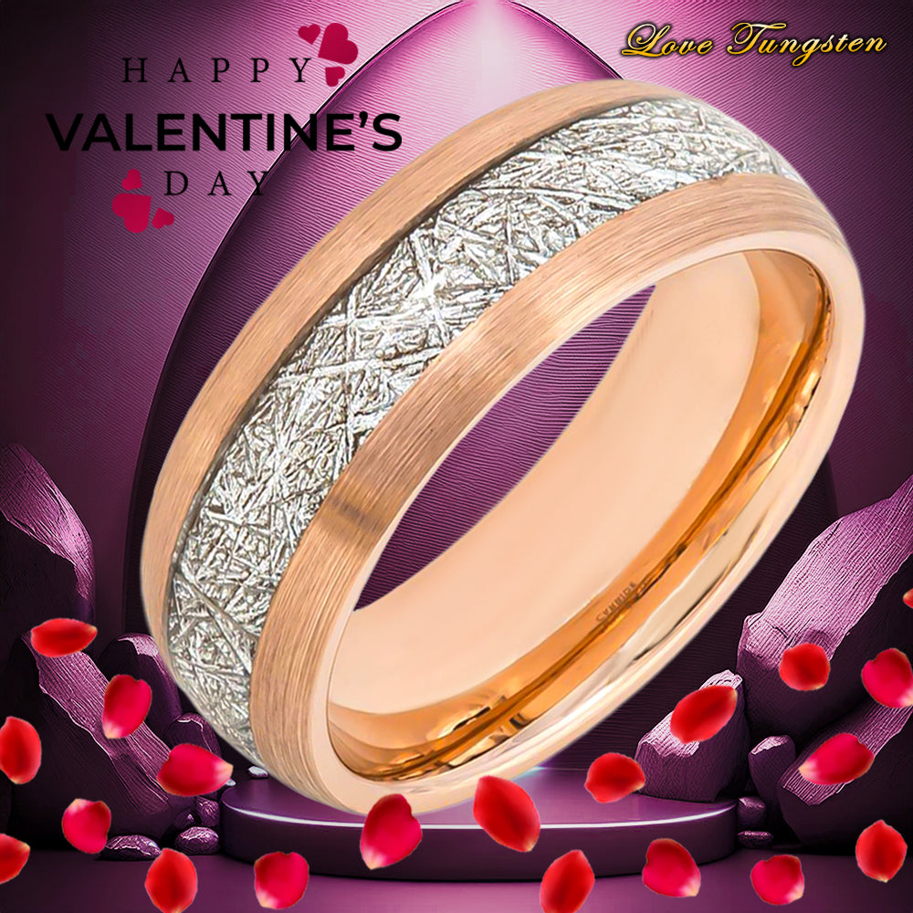 Meteorite Inlay Rose Gold Plating Tungsten Ring – 8mm | Scratch-Resistant & Stylish