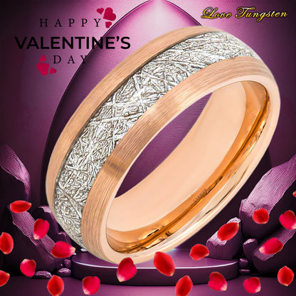 Meteorite Inlay Rose Gold Plating Tungsten Ring – 8mm | Scratch-Resistant & Stylish