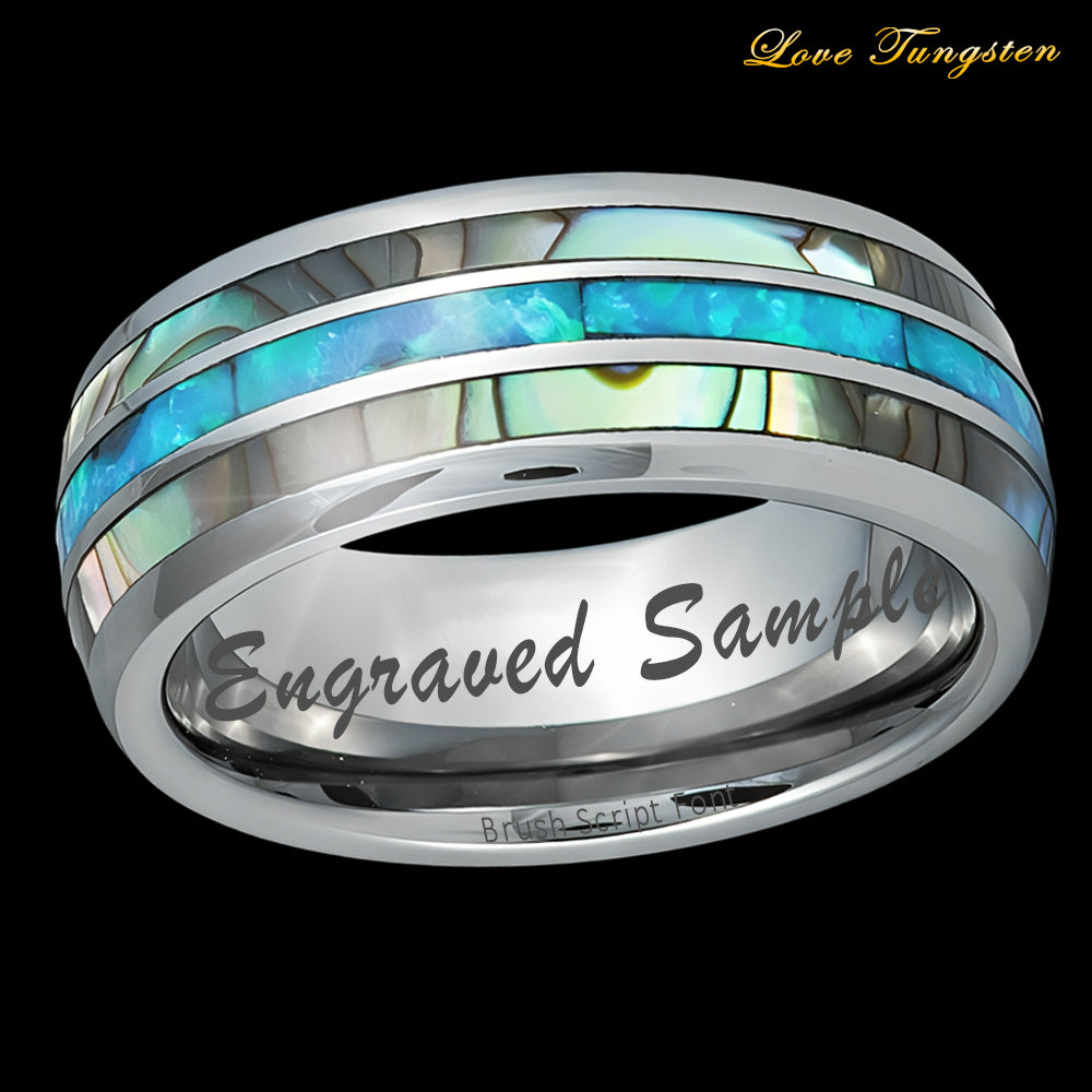 Opal & Mother of Pearl Inlay Domed Tungsten Ring - 8mm | Elegant & Timeless