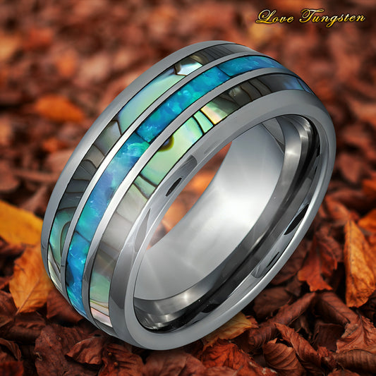 Opal & Mother of Pearl Inlay Domed Tungsten Ring - 8mm | Elegant & Timeless