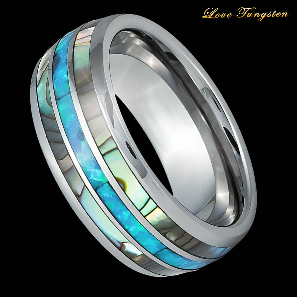 Opal & Mother of Pearl Inlay Domed Tungsten Ring - 8mm | Elegant & Timeless