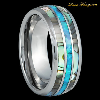 Opal & Mother of Pearl Inlay Domed Tungsten Ring - 8mm | Elegant & Timeless