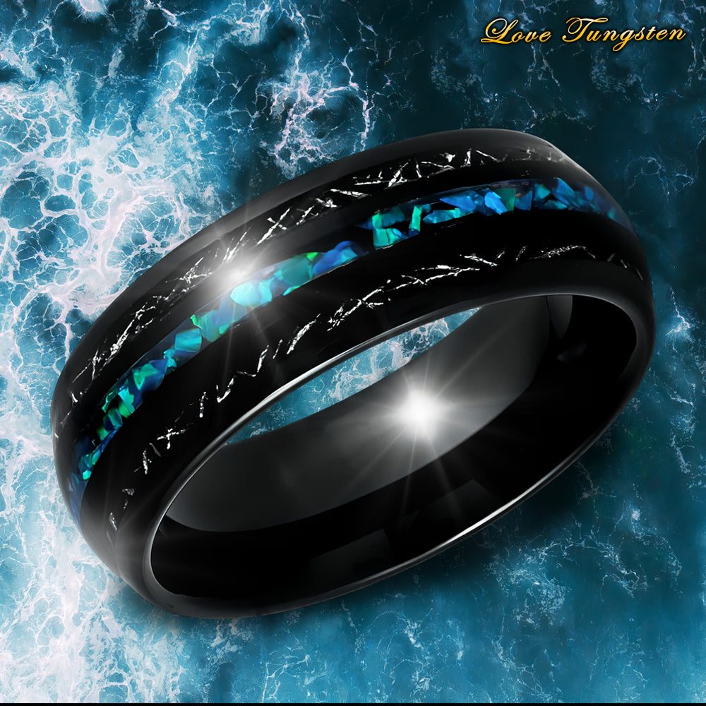 Opal & Titanium Shavings Inlay Black Tungsten Ring - 8mm | Durable & Unique Design