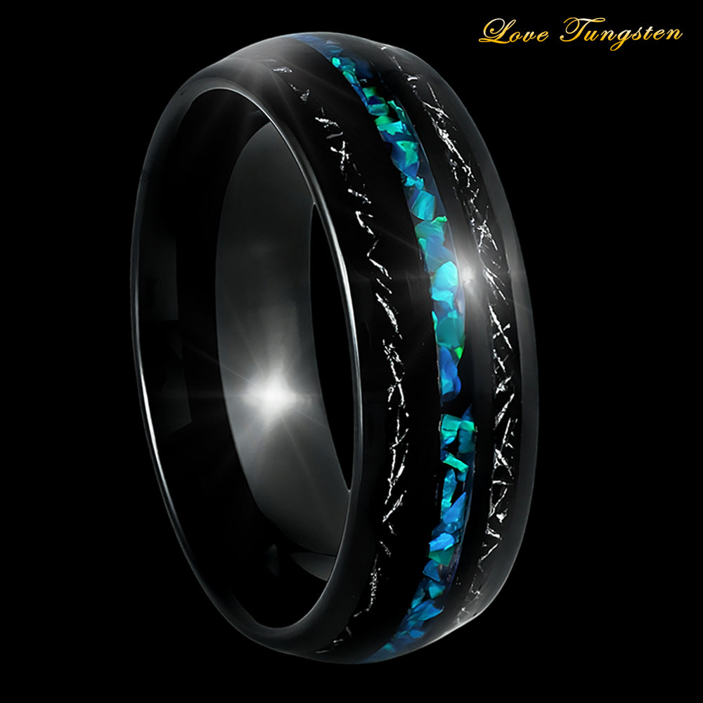 Opal & Titanium Shavings Inlay Black Tungsten Ring - 8mm | Durable & Unique Design