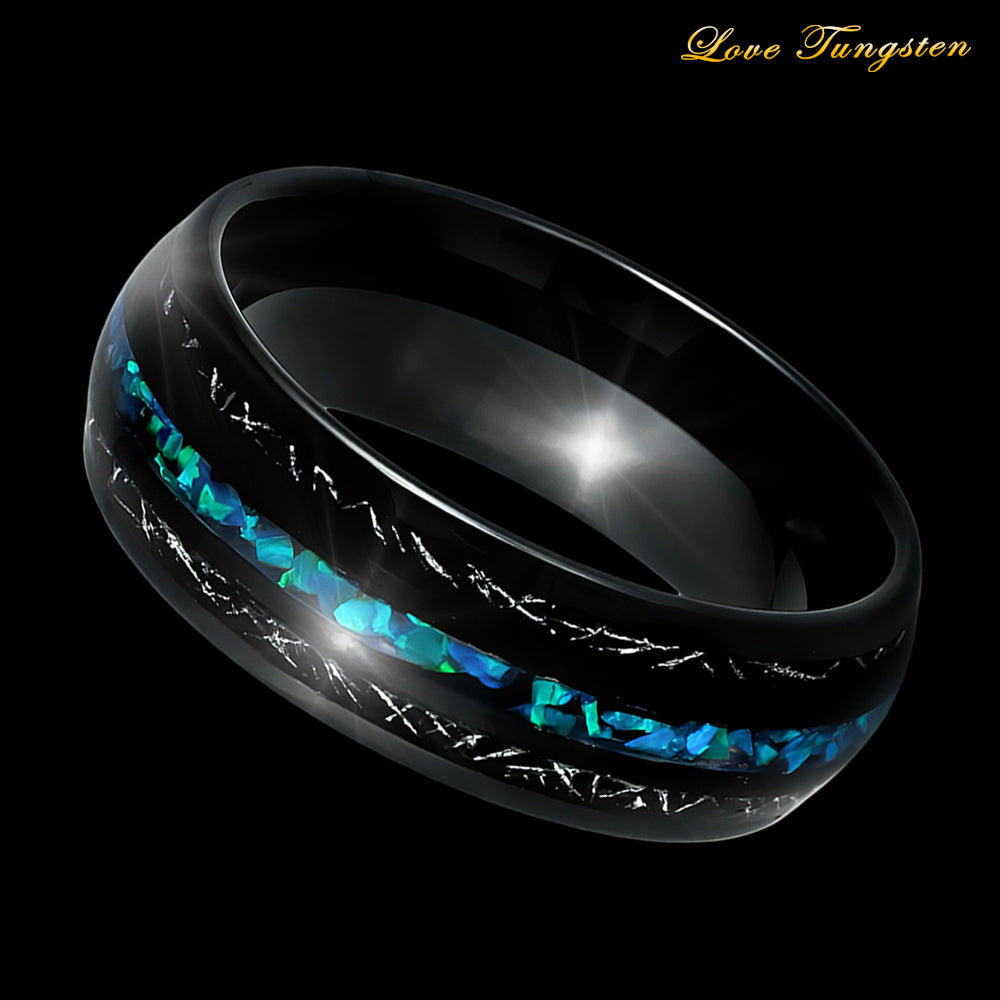 Opal & Titanium Shavings Inlay Black Tungsten Ring - 8mm | Durable & Unique Design