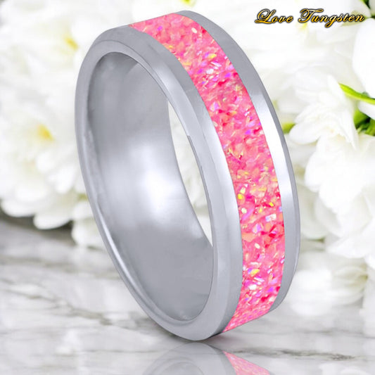 Pink Opal Design Inlay 6mm Silver Tungsten Ring | Pretty in Pink