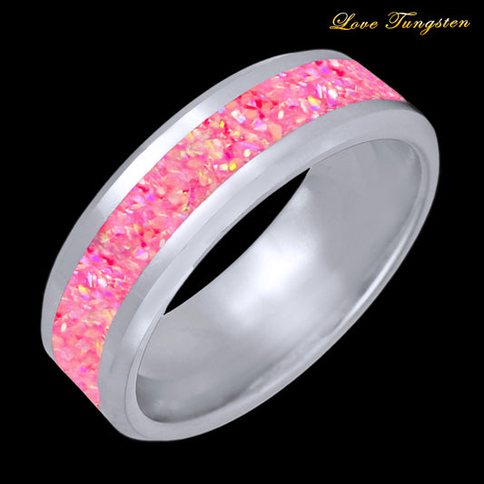 Pink Opal Design Inlay 6mm Silver Tungsten Ring | Pretty in Pink