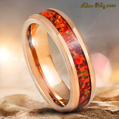 Red Fire Opal Inlay Rose Gold IP Tungsten Ring - 6mm