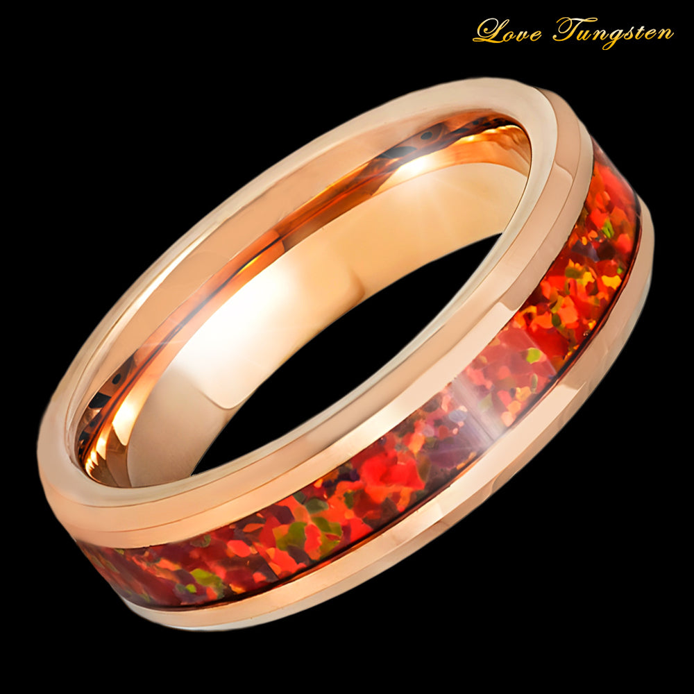 Red Fire Opal Inlay Rose Gold IP Tungsten Ring - 6mm