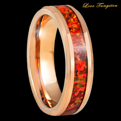 Red Fire Opal Inlay Rose Gold IP Tungsten Ring - 6mm