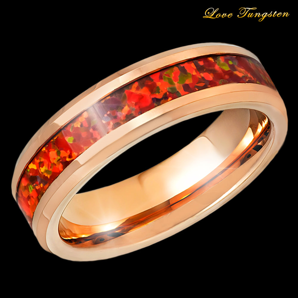 Red Fire Opal Inlay Rose Gold IP Tungsten Ring - 6mm