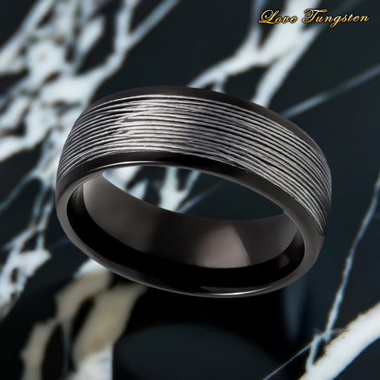Rolled Silver Wire Inlay Domed Black IP Tungsten Ring – 8 mm