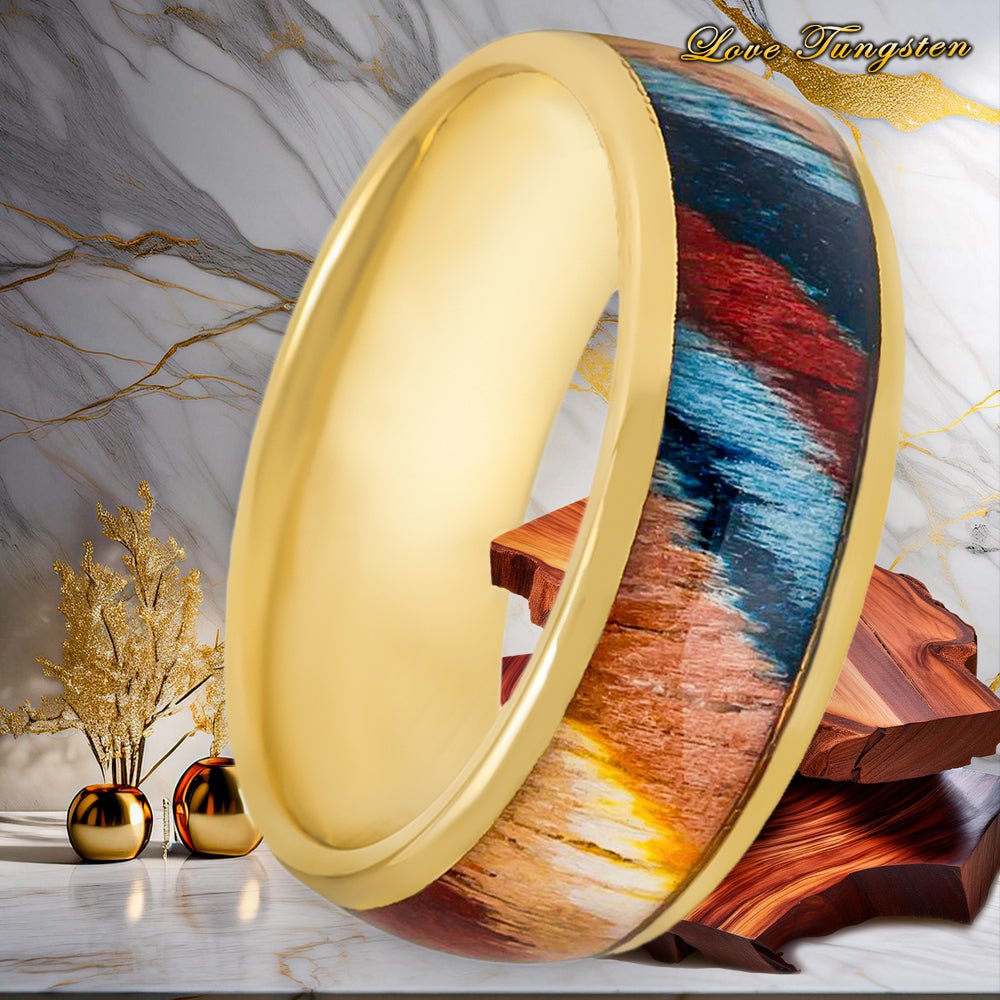 Rosewood Inlay Yellow Gold IP Plated Tungsten Ring - 8mm | Vibrant Woodwork