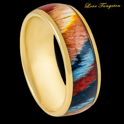 Rosewood Inlay Yellow Gold IP Plated Tungsten Ring - 8mm | Vibrant Woodwork