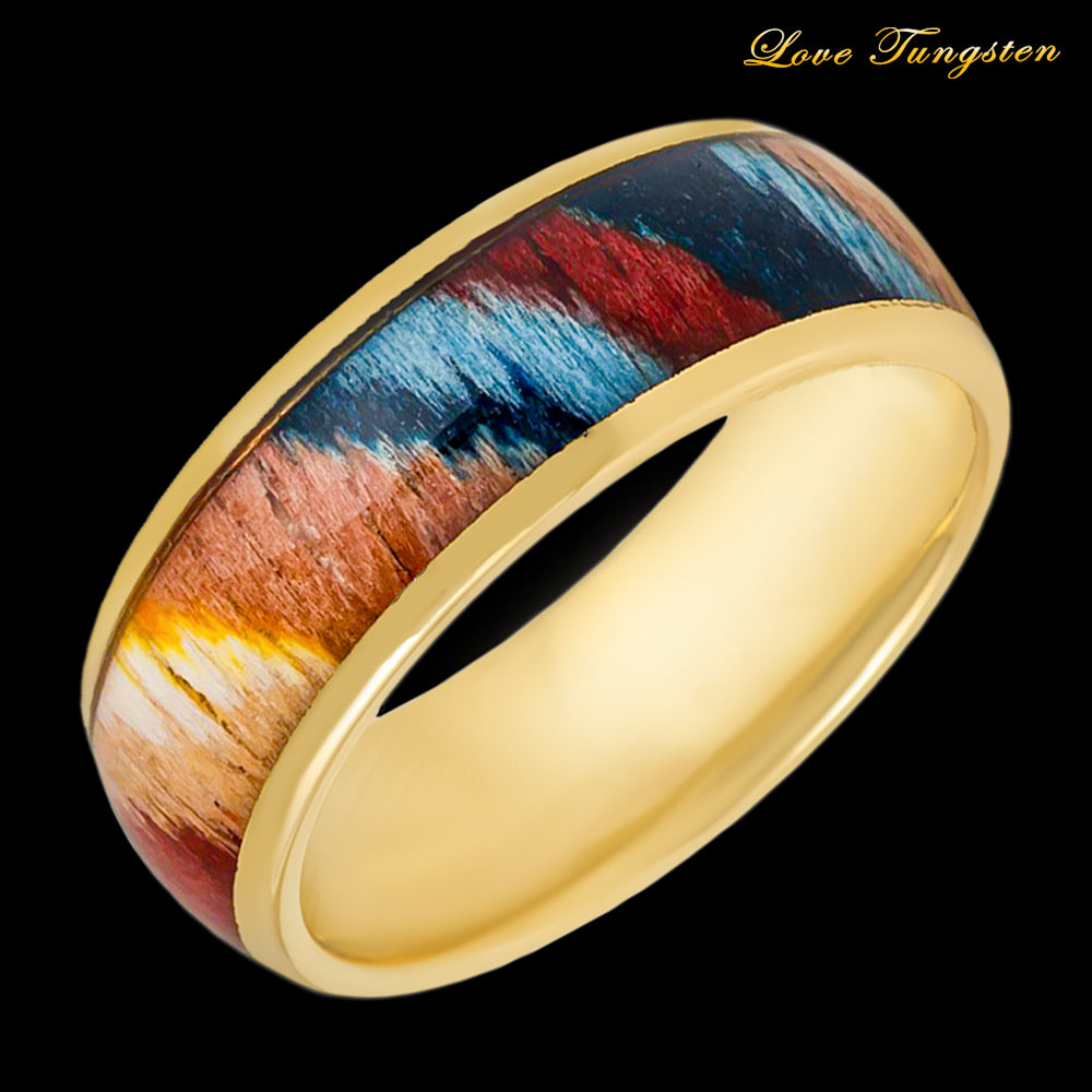 Rosewood Inlay Yellow Gold IP Plated Tungsten Ring - 8mm | Vibrant Woodwork