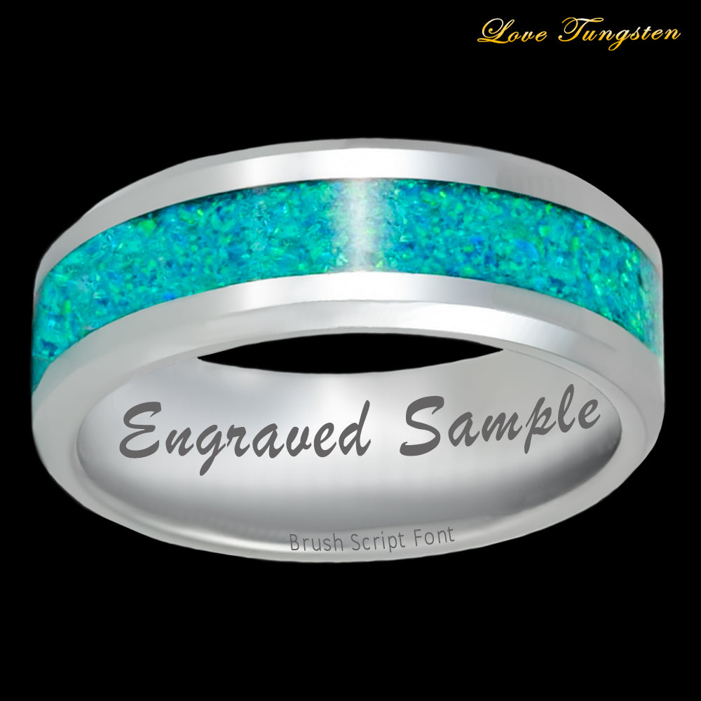 Sea Turquoise Synthetic Opal Inlay Silver Tungsten Ring - 8mm