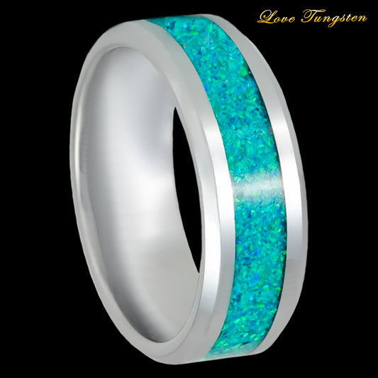 Sea Turquoise Synthetic Opal Inlay Silver Tungsten Ring - 8mm