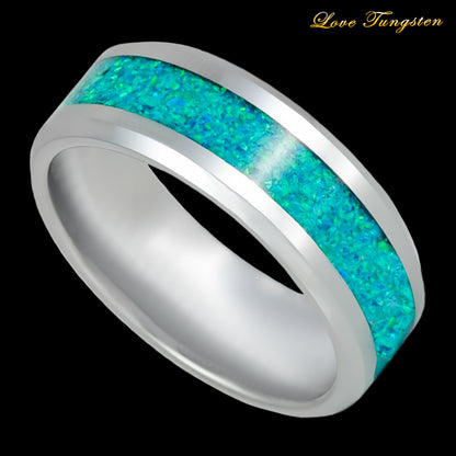 Sea Turquoise Synthetic Opal Inlay Silver Tungsten Ring - 8mm