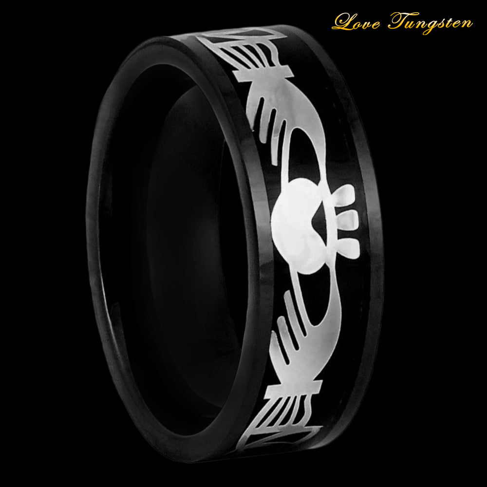 Silver Claddagh Inlay on Black IP Tungsten Ring - 8mm