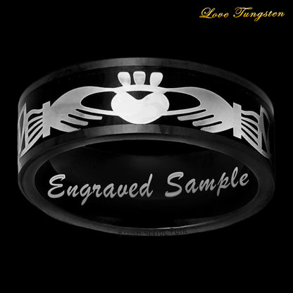 Silver Claddagh Inlay on Black IP Tungsten Ring - 8mm