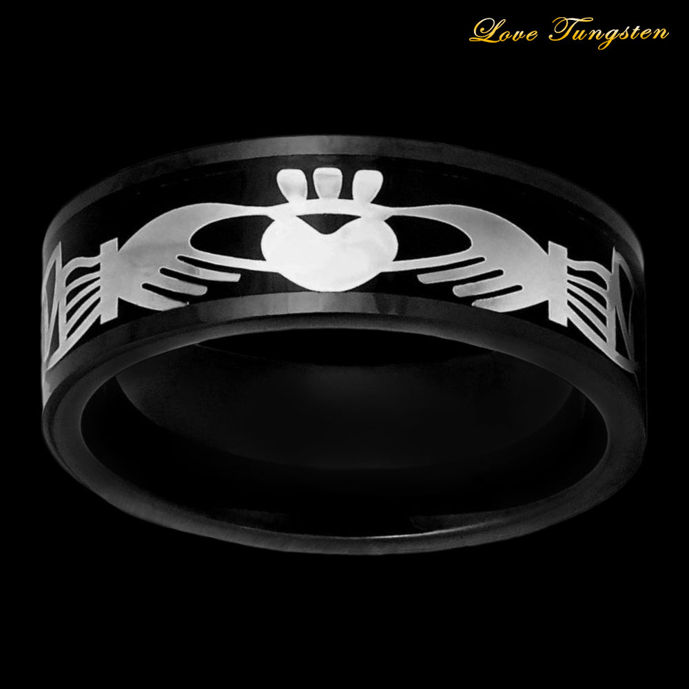 Silver Claddagh Inlay on Black IP Tungsten Ring - 8mm