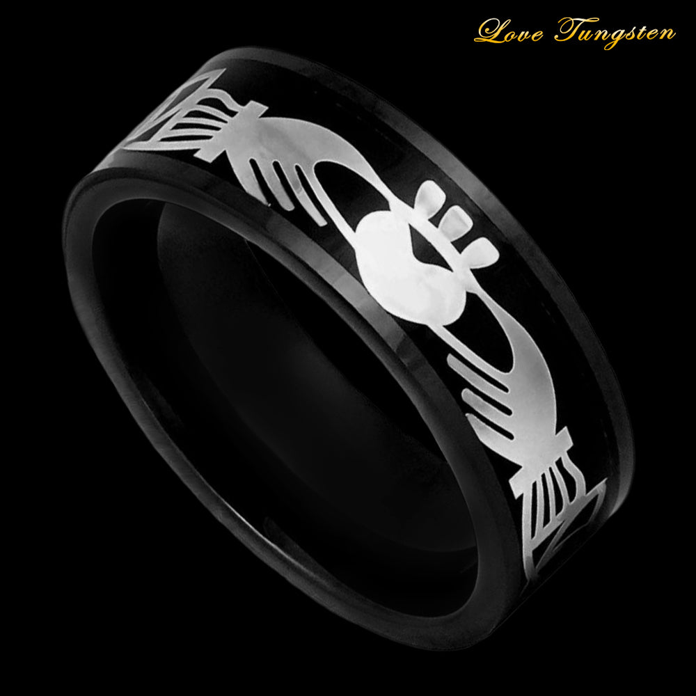 Silver Claddagh Inlay on Black IP Tungsten Ring - 8mm