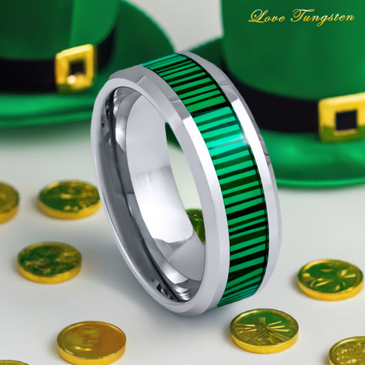 Silver Green Beveled Edge Faux Malachite Inlay Tungsten Ring - 8mm