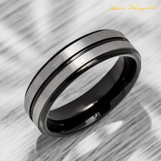 Two-tone Black IP Plated Center Grooved Brushed Finish Tungsten Ring – 6 mm
