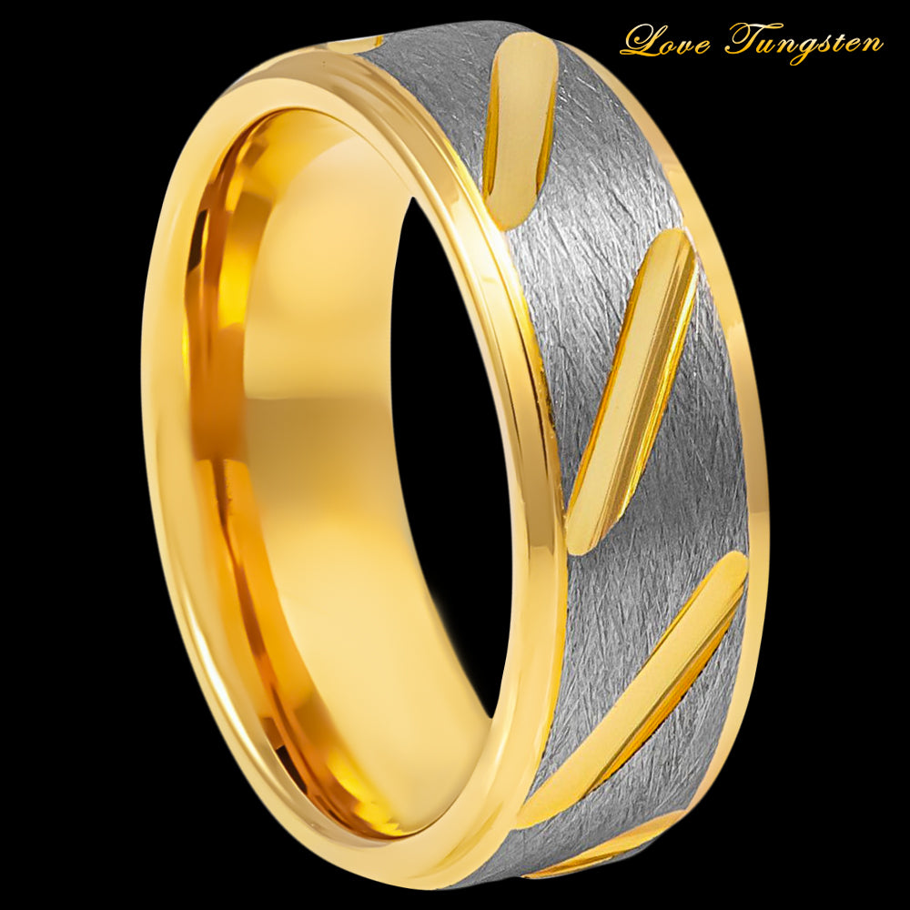Two-tone Gray & Yellow IP Plated Notched Tungsten Ring – 8 mm