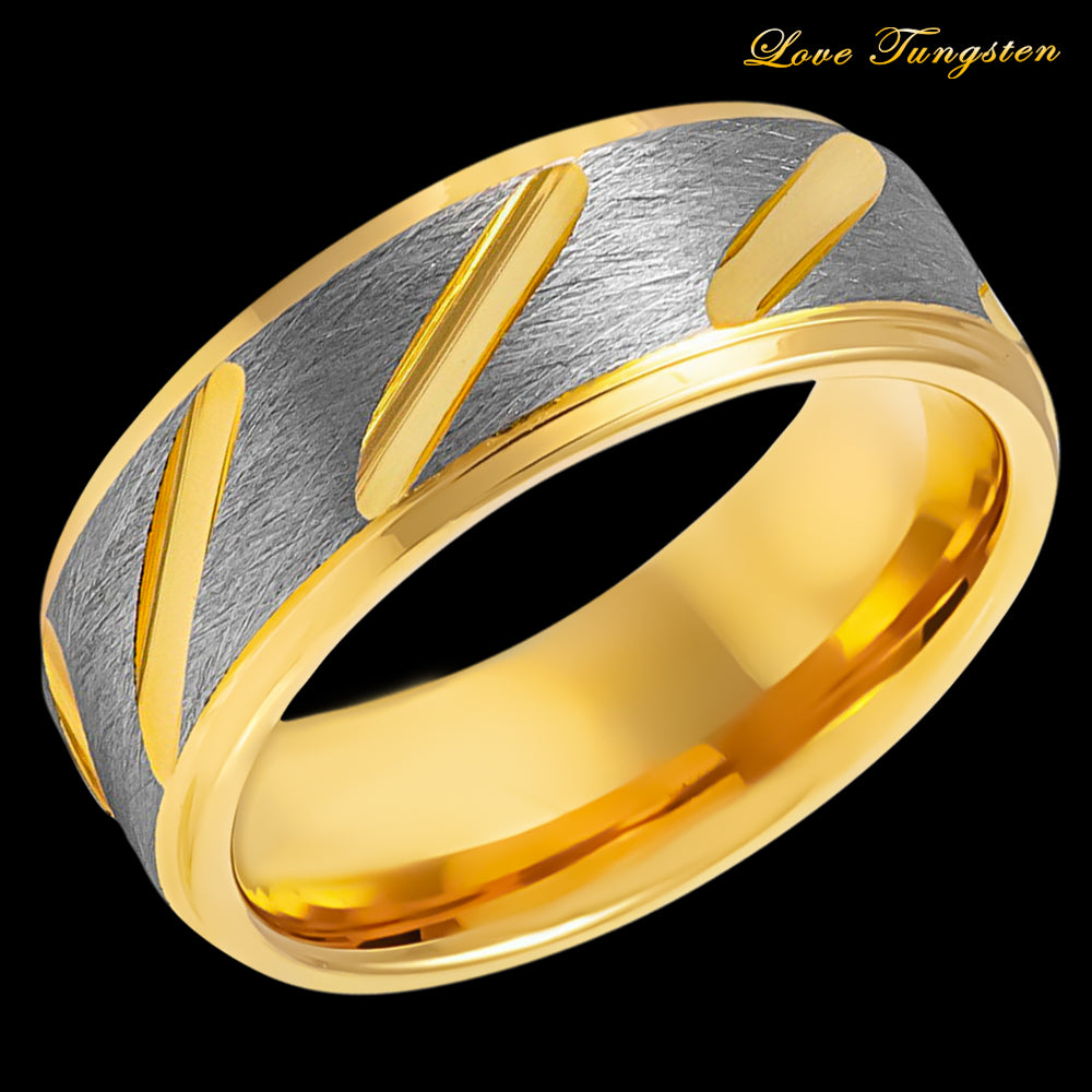Two-tone Gray & Yellow IP Plated Notched Tungsten Ring – 8 mm